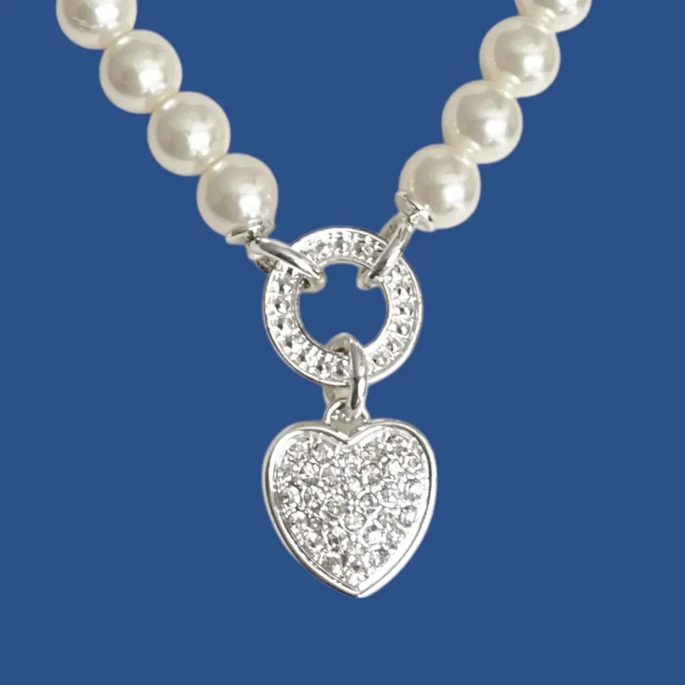 Avon Heart Pendant Necklace Silver Tone Pave Rhinestone Imitation Pearl Gloria